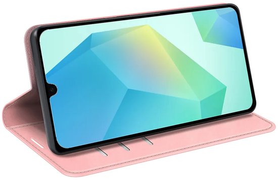 Roze telefoonhoesje in opengeklapte stand, met telefoon erin.