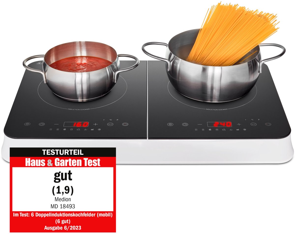 Bol.com MEDION Dubbele inductiekookplaat, 3500 watt, twee kookplaten, 10 temperatuurinstellingen, LED-display, MD18493, zwart aanbieding