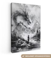 Canvas schilderij 80x120 cm - Wanddecoratie Krijger - Draak - Grijs - Muurdecoratie woonkamer - Slaapkamer decoratie - Kamer accessoires - Schilderijen op canvas
