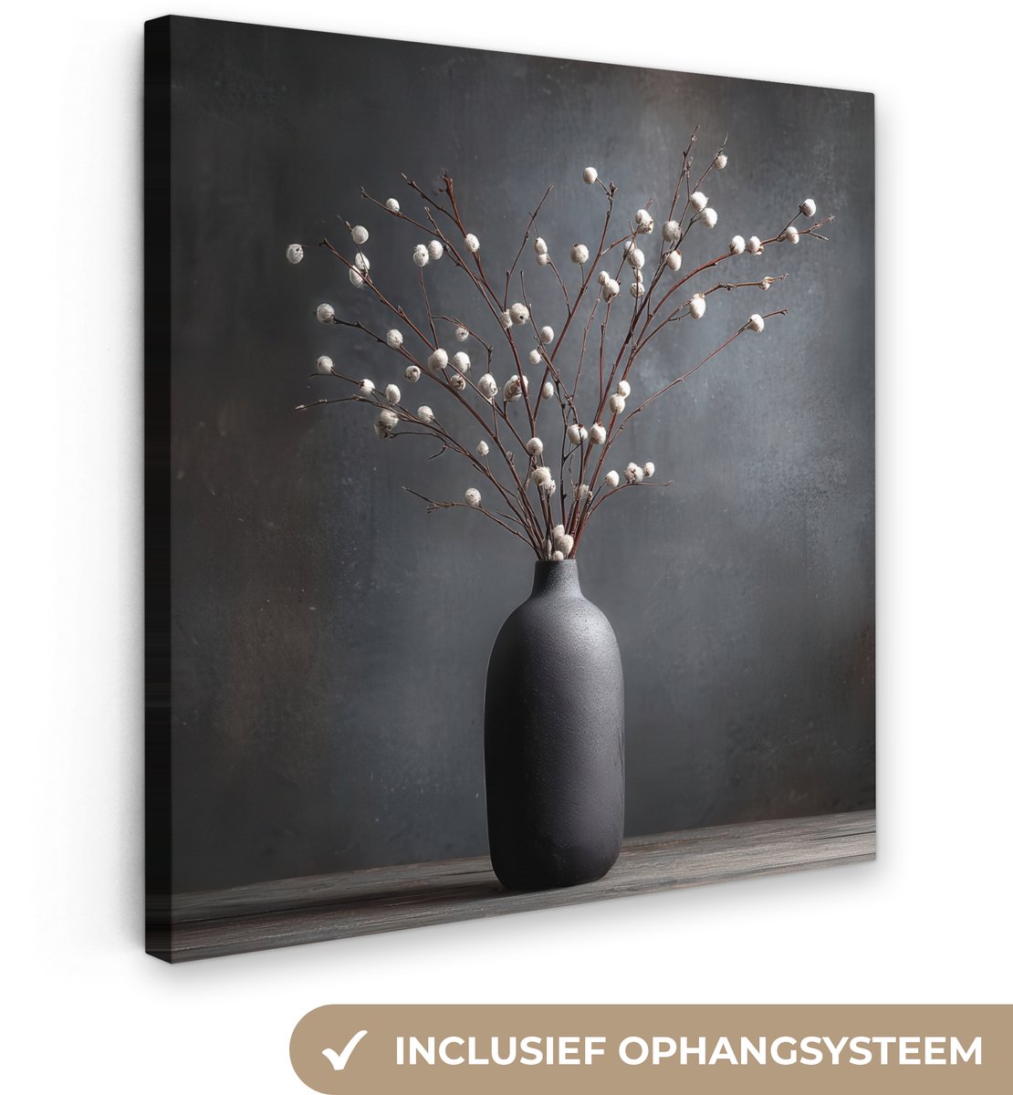 Canvas schilderij 50x50 cm - Wanddecoratie Takken - Vaas - Bolletjes - Wit - Muurdecoratie
