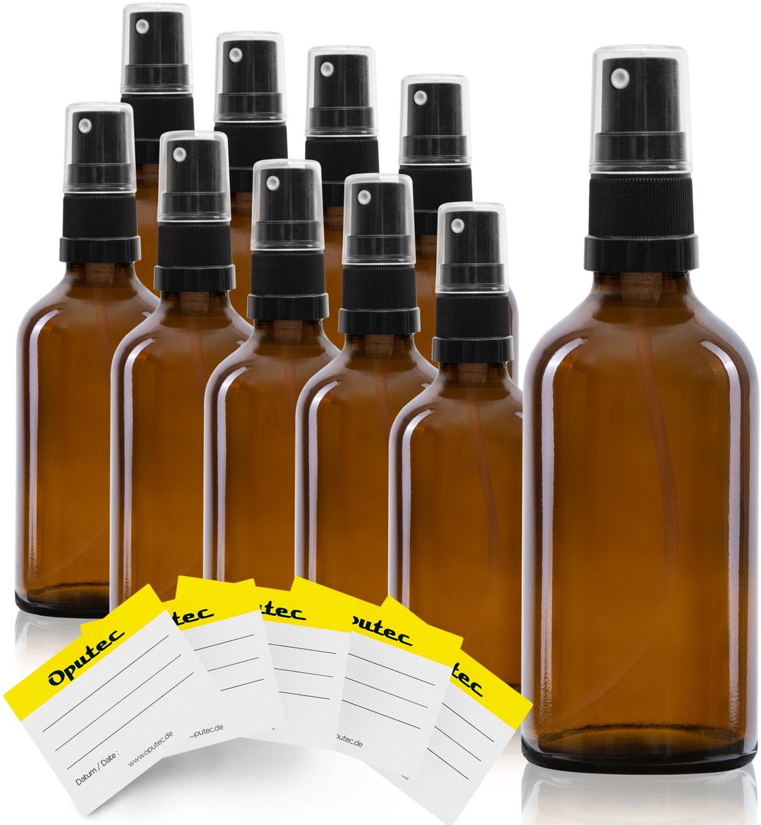Oputec 10 x 50 ml sprayflessen – bruin glas met fijne verstuiver & etiketten – lekvrij & navulbaar