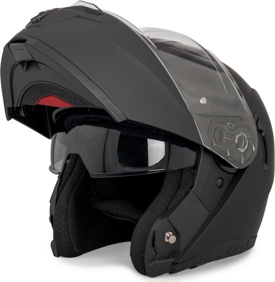 VINZ Pasco Systeemhelm met Zonnevizier | Scooterhelm & Motorhelm & Brommerhelm | ECE 22.06 goedgekeurd | Lichtgewicht 1550 gram | Inclusief Opbergzak | Mat Zwart - XXL