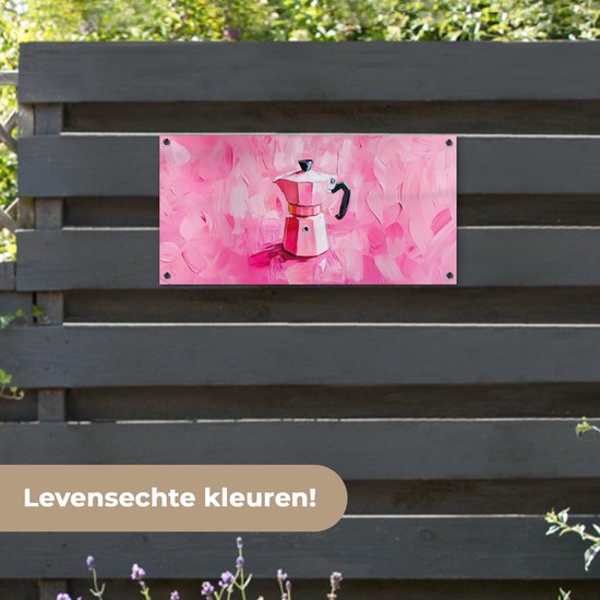 Tuinposter 80x40 cm - Tuindecoratie Roze - Verf - Coffee - Poster voor in de tuin - Buiten decoratie - Schutting tuinschilderij - Tuindoek muurdecoratie - Wanddecoratie balkondoek