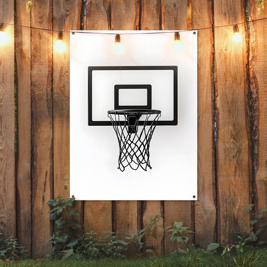 Tuinposter 90x120 cm - Tuindecoratie Basketbalbord - Minimalistisch - Zwart - Poster voor in de tuin - Buiten decoratie - Schutting tuinschilderij - Tuindoek muurdecoratie - Wanddecoratie balkondoek