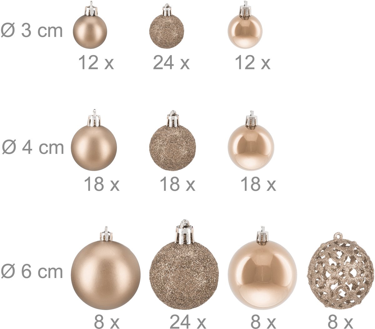 kerstballen - set van 150 - mat - glanzend - glitters - plastic - ∅ 3, 4, 6 cm - champagne – foto 6