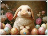 Tuinposter 80x60 cm - Tuindecoratie Konijn - Paaseieren - Stilleven - Poster voor in de tuin - Buiten decoratie - Schutting tuinschilderij - Tuindoek muurdecoratie - Wanddecoratie balkondoek - Pasen - Paasdecoratie - Paas versiering