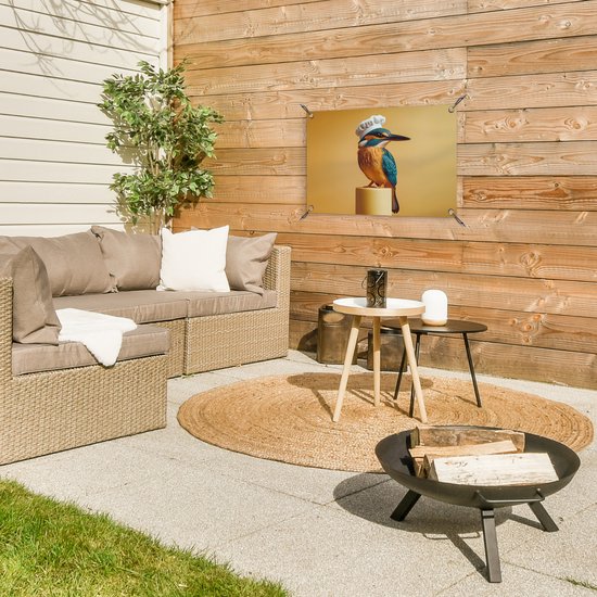 Tuinposter 60x40 cm - Tuindecoratie Ijsvogel - Pilaar - Koksmuts - Vogel - Poster voor in de tuin - Buiten decoratie - Schutting tuinschilderij - Tuindoek muurdecoratie - Wanddecoratie balkondoek