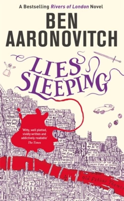 Boek 'Lies Sleeping' van Ben Aaronovitch. Titel in paarse letters, gedetailleerde rode tekening van Londen met kleine figuurtjes en auto.