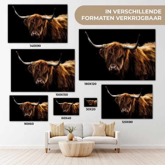 Canvas schilderij - Schotse hooglander 120x80 - Kamer decoratie accessoires - Zwarte schilderijen woonkamer dieren - Wanddecoratie koe slaapkamer - Muurdecoratie keuken zwart - Wanddoek interieur - Woondecoratie huis - Woonaccessoires