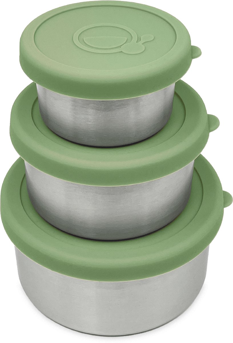 Smikkels RVS fruit- en snackbakjes set – 3 stuks (groen) – 110/220/400 ml – BPA-vrij en vaatwasserbestendig