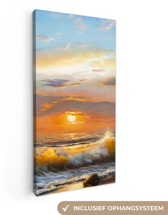 Toile - Tableau - Peinture à l'huile - Water - Bateau - Plage - Peinture - 40x80 cm - Décoration murale