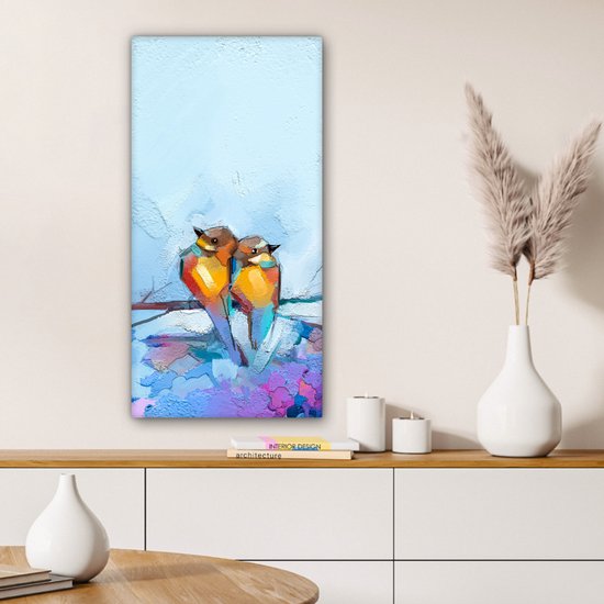 Toile - Peinture à l'huile - Vogels - Branche - Blauw - 40x80 cm - Décoration d'intérieur - Peintures sur toile