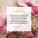 Abstract schilderij met roze bloemen, met een review tekst overlay.