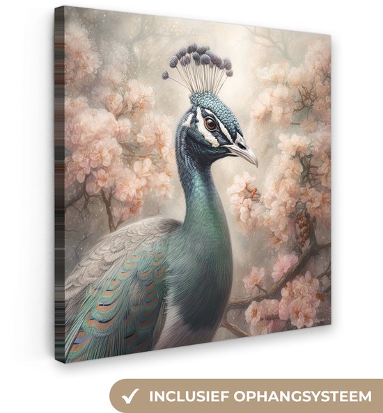 Tableau sur toile Paon - Vogels - Fleurs - Arbre - Botanique - 50x50 cm - Décoration murale