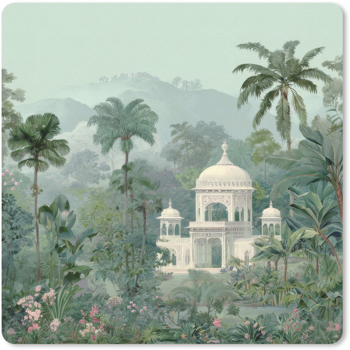 Muismat 30x30 cm - Mousepad Tropische tuin - Koepelgebouw - Bloemen - Muismatten