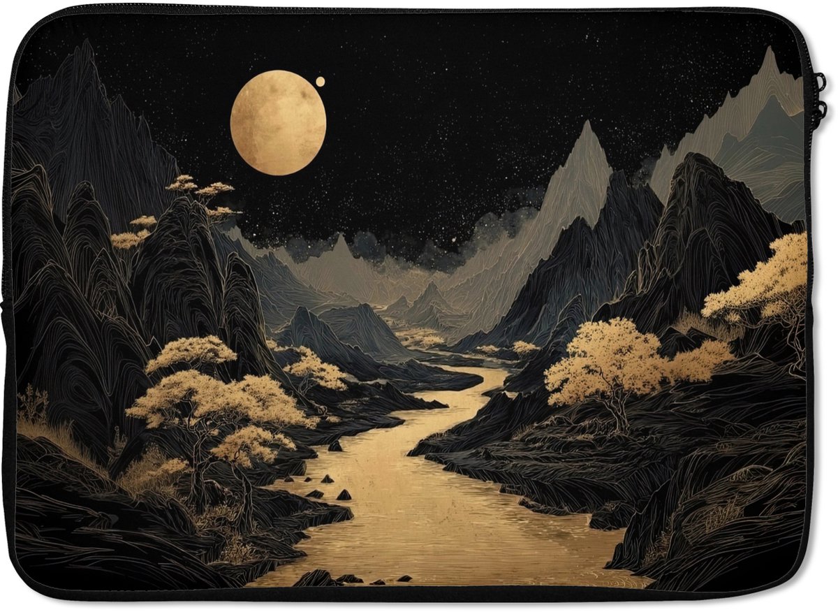 Laptophoes 14 inch - Gouden rivier - Bergen - Maan - Sterrenhemel - Laptop sleeve - Binnenmaat 33x23 cm - Zwarte achterkant
