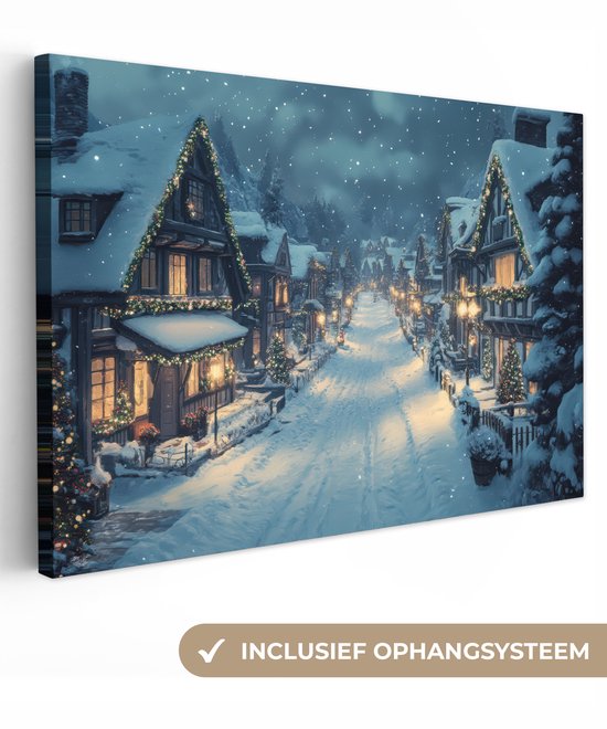 Canvas schilderij 60x40 cm - Wanddecoratie Kerstdorp - Kerst - Sneeuw - Winter - Muurdecoratie woonkamer - Slaapkamer decoratie - Kamer accessoires - Schilderijen op canvas - Kerstdecoratie voor binnen - Kerstversiering - Kerstmis versiering