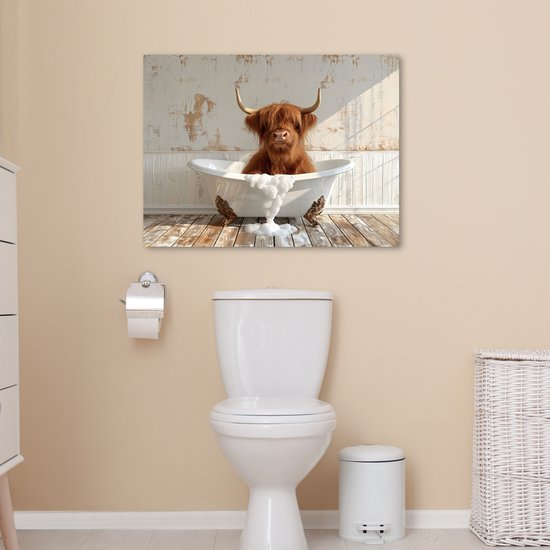 Peinture sur toile 80x60 cm - Décoration murale salle de bain Highlander écossais - Baignoire - Vintage - Vache - Décoration murale murale WC - Accessoires décoratifs - Décoration murale Toilettes - Peintures sur toile