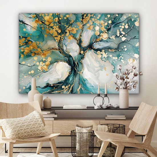 Canvas schilderij 120x80 cm - Wanddecoratie Boom - Modern - Verflook - Turquoise - Goud - Muurdecoratie woonkamer - Slaapkamer decoratie - Kamer accessoires - Schilderijen op canvas