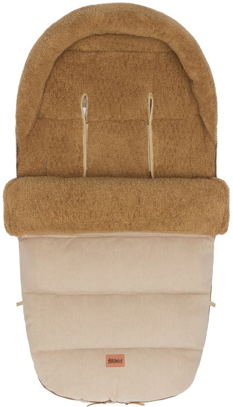 Sac de couchage marron avec col teddy et corps côtelé beige, avec logo Fillikid.