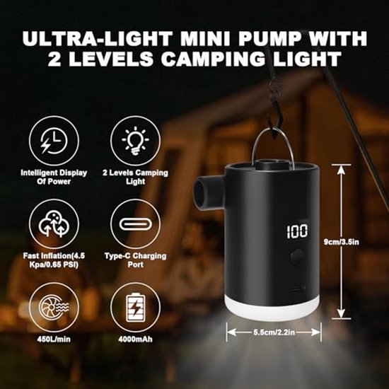 Oplaadbare Mini Elektrische Luchtpomp met 4000 mAh en Campinglamp - Compact, Snel en Draagbaar voor Outdoor Avonturen — afbeelding 2