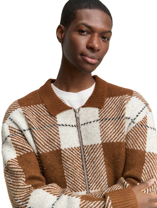 Close-up van een man met bruin en wit geruite vest.