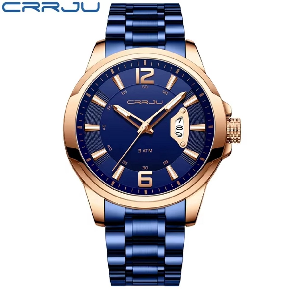 CRRJU Horloge 2191 - Blauw Rosékleurig - Heren - Quartz - 45 mm - Ronde Kast - Roestvrijstalen Band - Chronograaf - Kalender - Waterbestendig - Zakelijk - Luxe - Elegant
