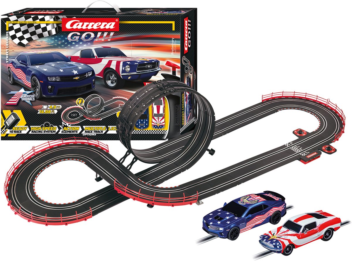 Carrera Go!!! Racebaan - GO!!! Street Legends - Ford Mustang '67 vs. Chevrolet Camaro - Stars 'n Stripes - 4,9m