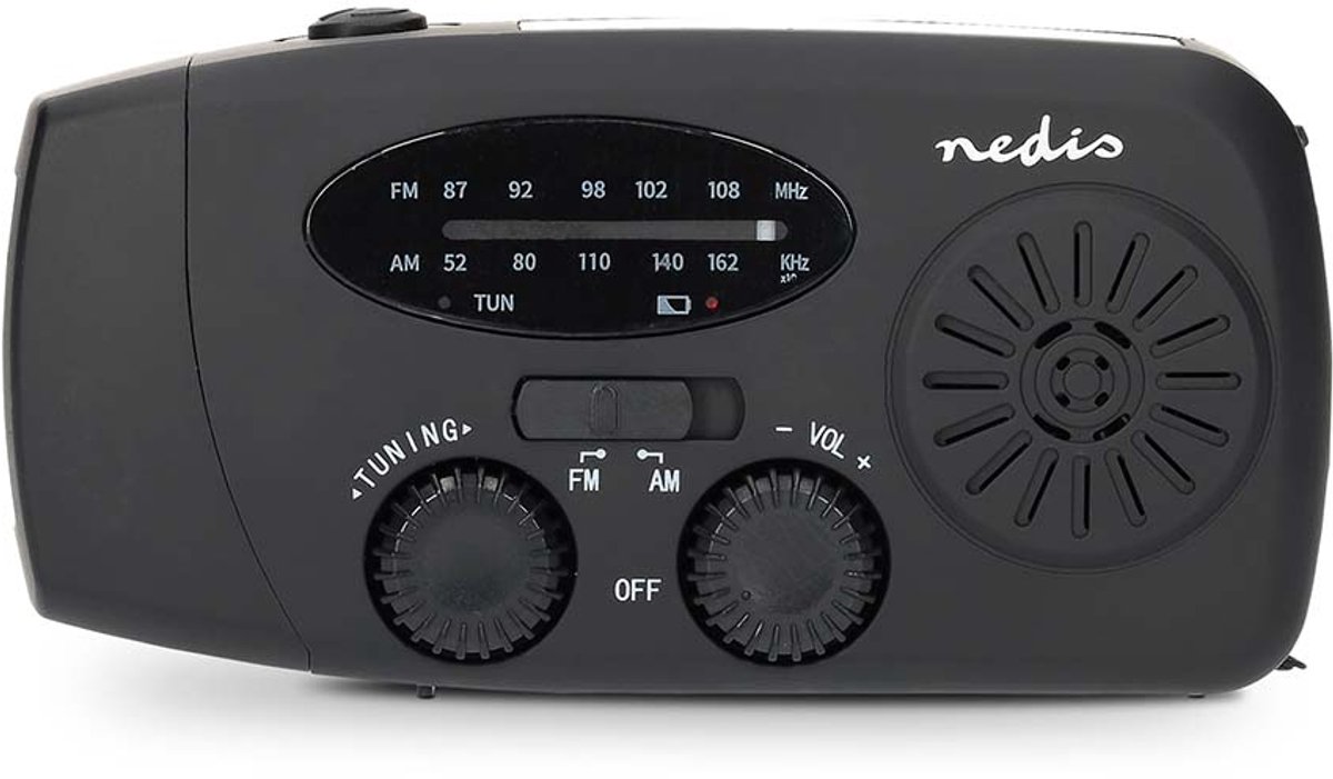 Nedis Noodradio - AM / FM - Opwindbaar & Op Batterijen - Met Zaklamp - Solar Powerbank - Noodpakket & Voor Rampen - Zwart