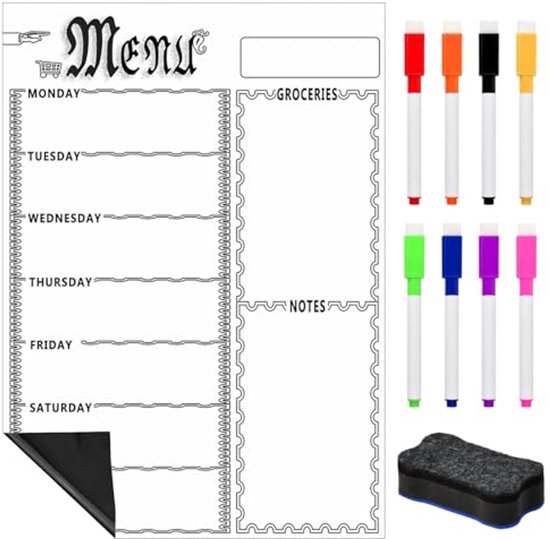 Belegao Weekplanner, whiteboard magnetisch, A4 to do lijst voor koelkast met markeerstift, droog afwissen, dagelijkse taken, organizer, maaltijdplanner voor thuis  en kantoorschema, maaltijden