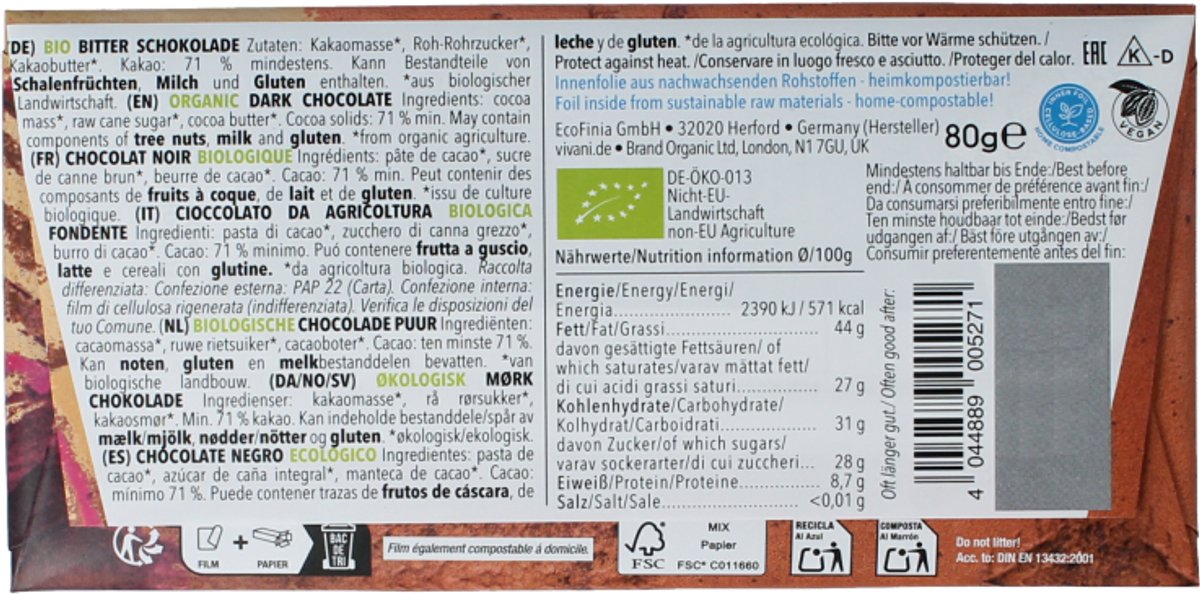 Vivani Chocolate dark 71% bio 80 Gram