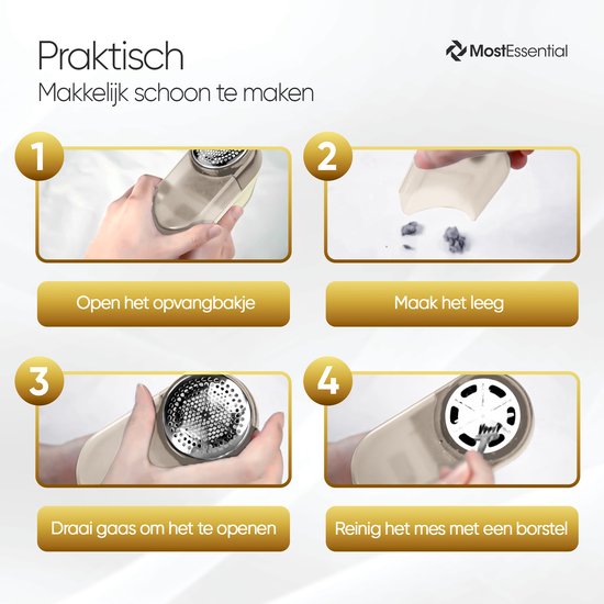 Stapsgewijze instructies voor het legen en schoonmaken van de beige pluizenverwijderaar.