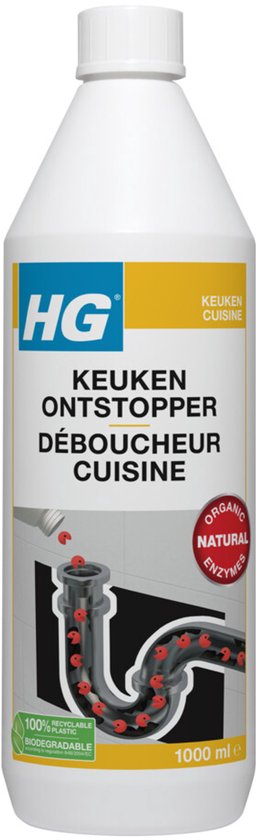 HG keuken ontstopper, 1000 ml. Met biologische en natuurlijke enzymen. 100% recyclebaar plastic.