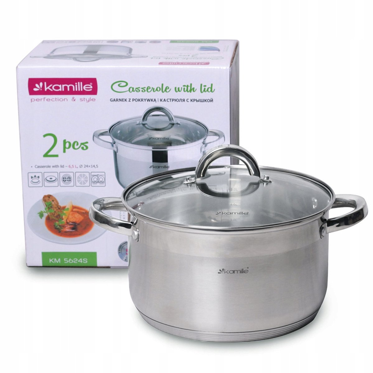Kamille RVS Pan met Glazen Deksel - 6.5L - Inductie Geschikt