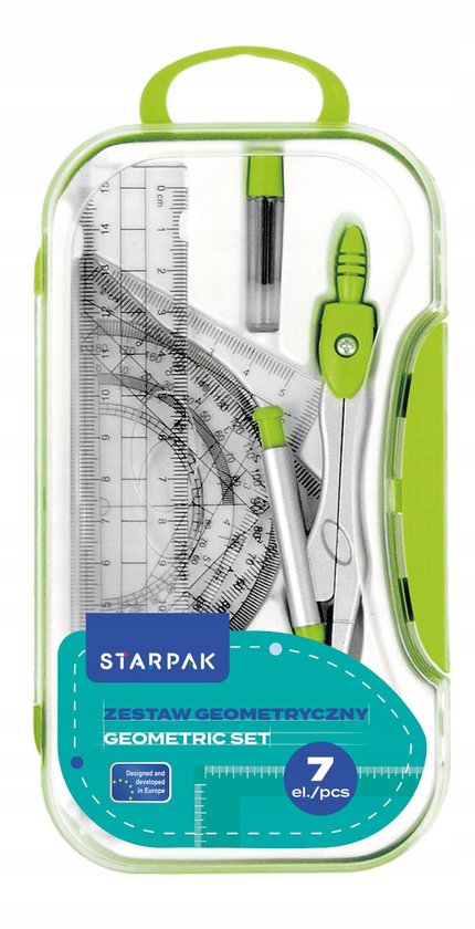 Set géométrie Starpak vert dans un étui transparent, avec compas, règles et crayon.