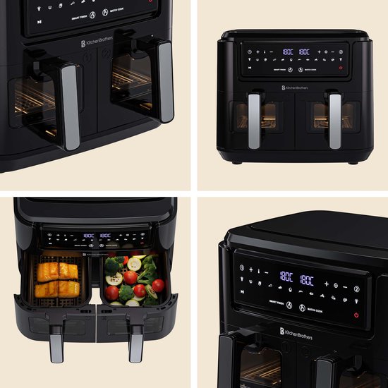 KitchenBrothers Dubbele Airfryer - PFAS-vrij - 2400W - Dual Zone - 9L - Heteluchtfriteuse - Airfryer XXL - 2 x 4.5L - 10 Kookprogramma's - Zwart