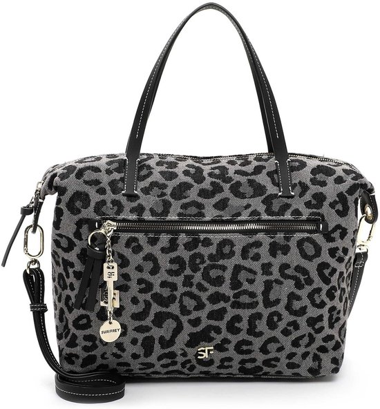 Grijze shopper met luipaardprint, zwarte handvatten en een afneembare schouderband. Met ritsvakken en hangertjes.