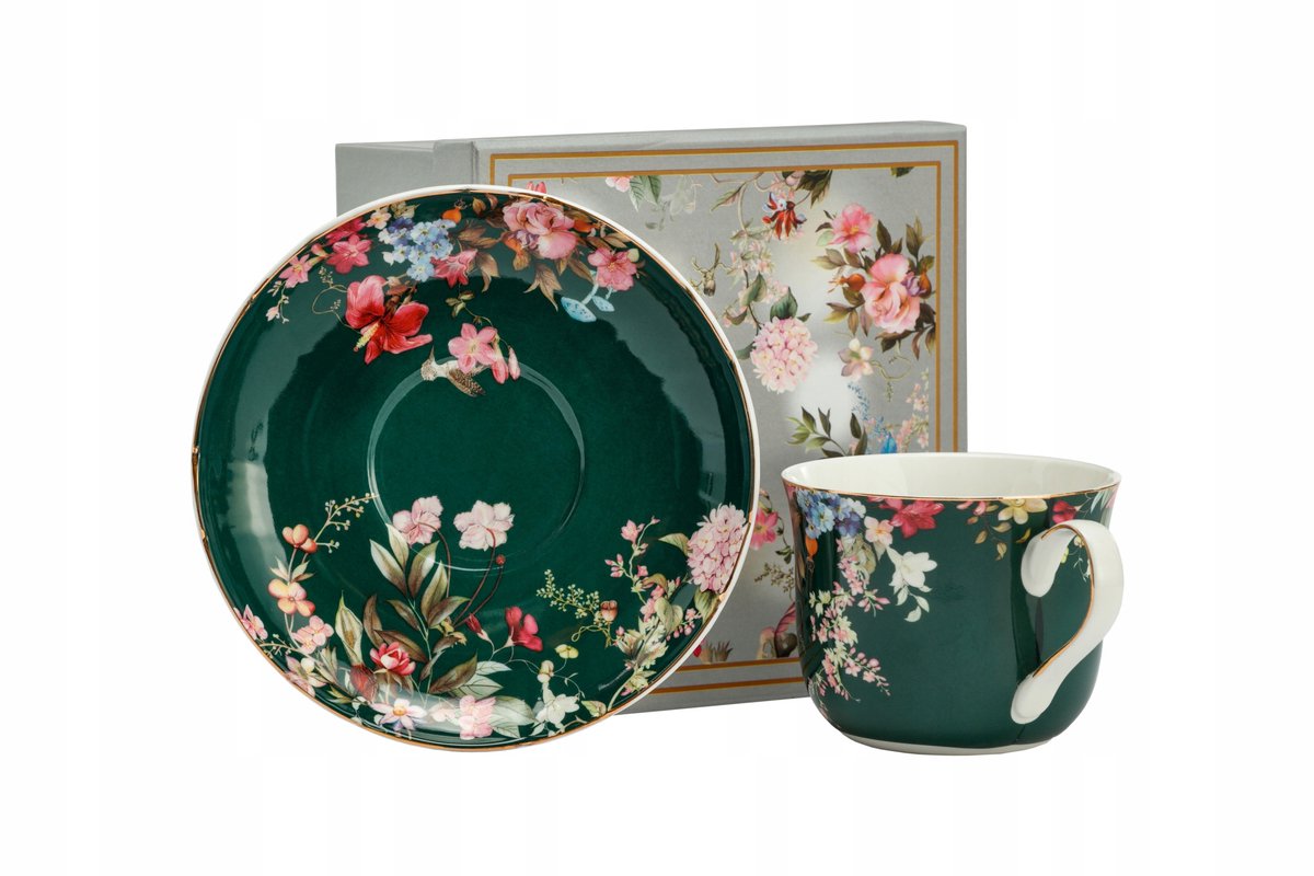 Merkloos Grote Groene Porselein Kop met Schotel - 400ml Bloemenprint