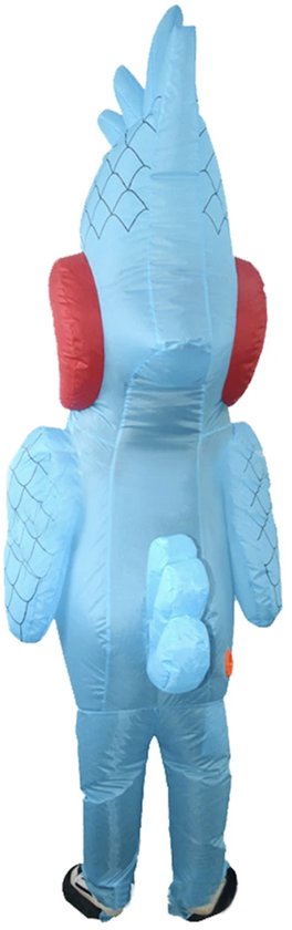 Achterkant blauw opblaasbaar paradijsvogelkostuum met rode oren, zwarte snavel en pluimstaart.