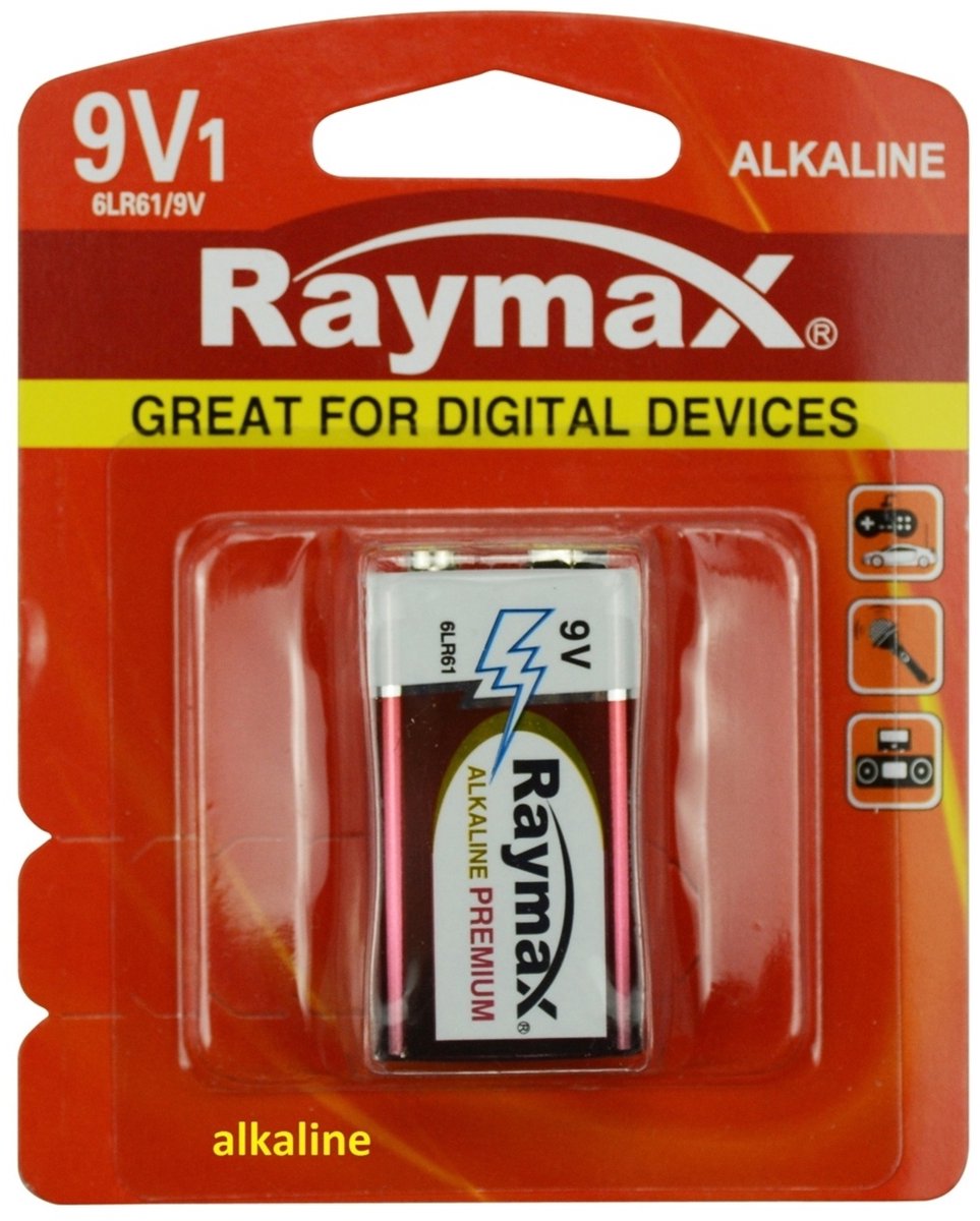 Raymax Krachtige 9V batterij - Alkaline - Langdurige prestaties - Betrouwbaar - 26.5 × 48.5 × 17.5 mm