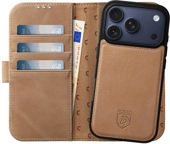 Étui Rosso Elite pour Apple iPhone 17 Pro Max | Compatible avec MagSafe/Qi2 | Étui à livres et couverture arrière | Amovible magnétiquement | Étui de protection en Cuir véritable avec porte-cartes | Marron clair