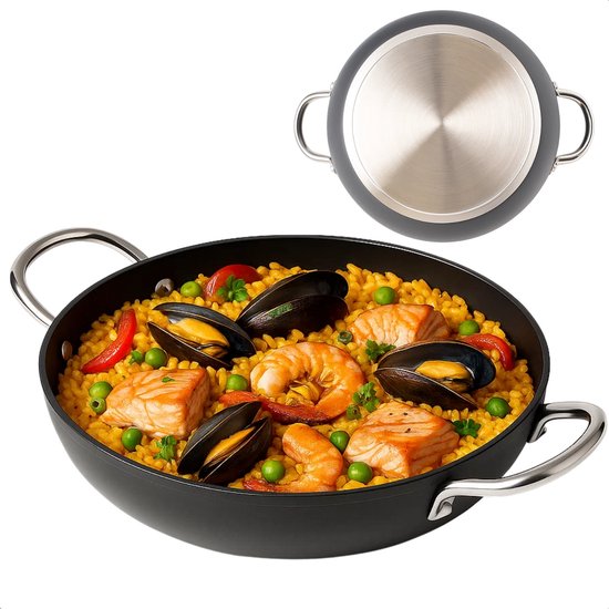 Lomera Paella Pan Inductie - Paellapan - Gesmeed Aluminium - Titanium Coating - Professionele Horeca Handgreep - Roestvrijstaal - Turbo-inductie - Geschikt voor Alle Warmtebronnen - Anti-aanbaklaag - Duurzame Paellapan
