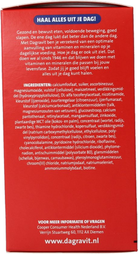 Achterkant van de Dagravit verpakking met productinformatie en website.