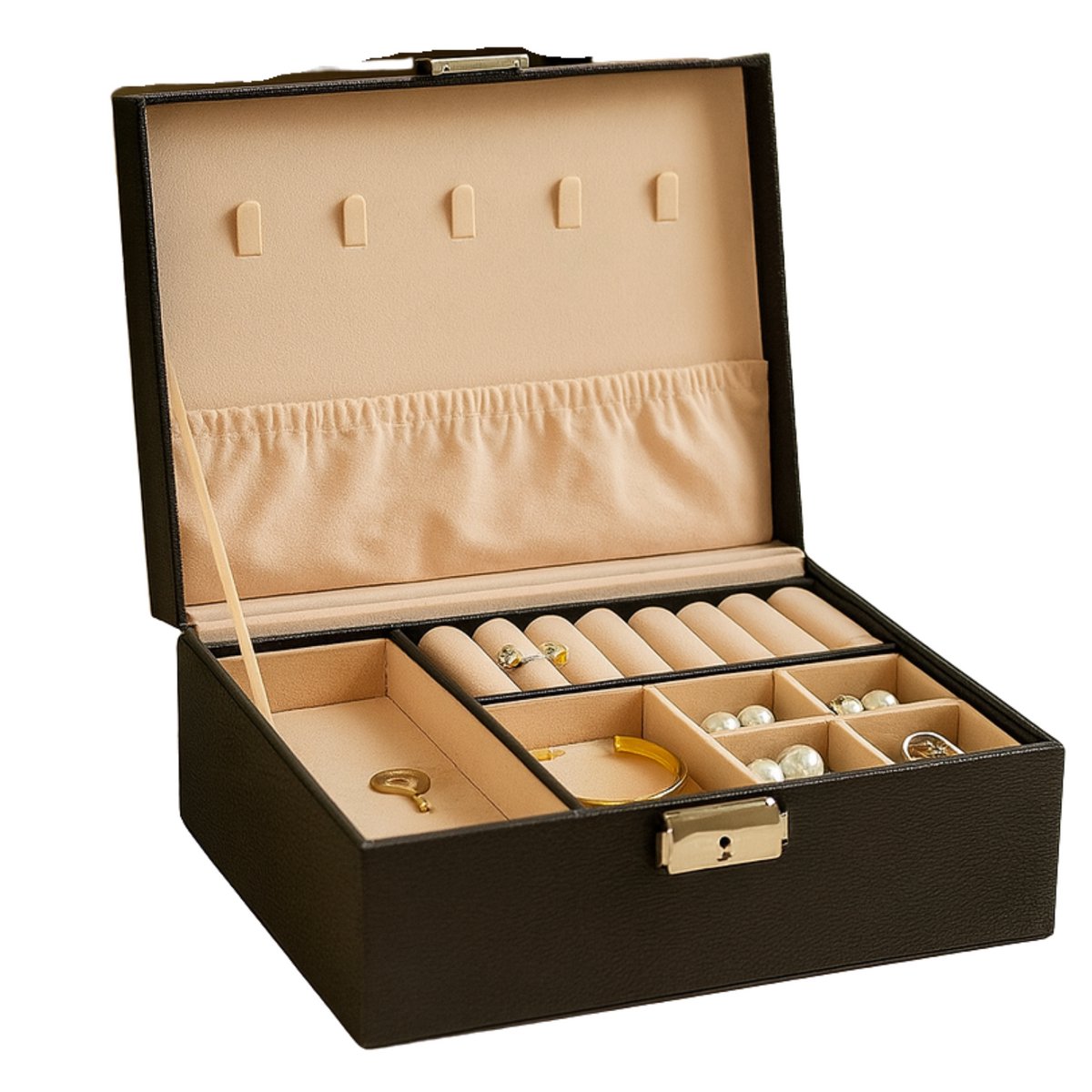 Lomera Sieradendoos met Slot - Juwelendoos Zwart - Sieraden Organizer - 2 Lagen - Zwart Kunstleer - Sieraden Opbergdoos - Oorbellen Ringen Kettingen - Sieraden Opbergen - Sieraden Opberger - Sieraden Doos met Vakken
