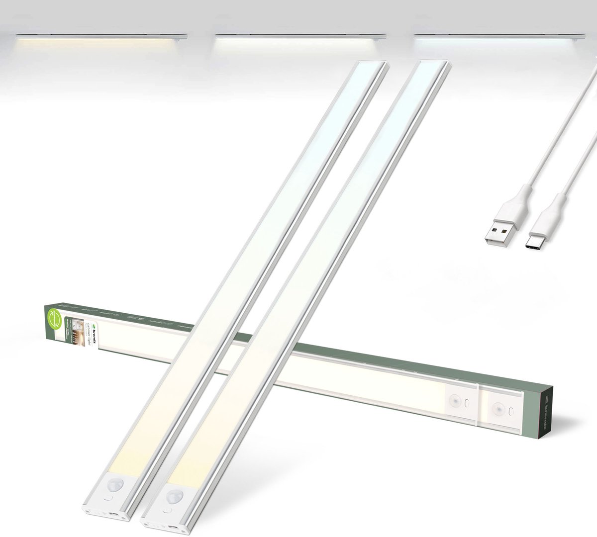Brendz Keukenverlichting Onderbouw LED, Onderbouwverlichting, 2 x 60cm, USB-C Oplaadbare Led-Strip, 4400mAh, 3 Kleurtemperaturen, Dimbaar, Magnetisch, Keukenverlichting Draadloos, Kastverlichting, Puyo Zilver