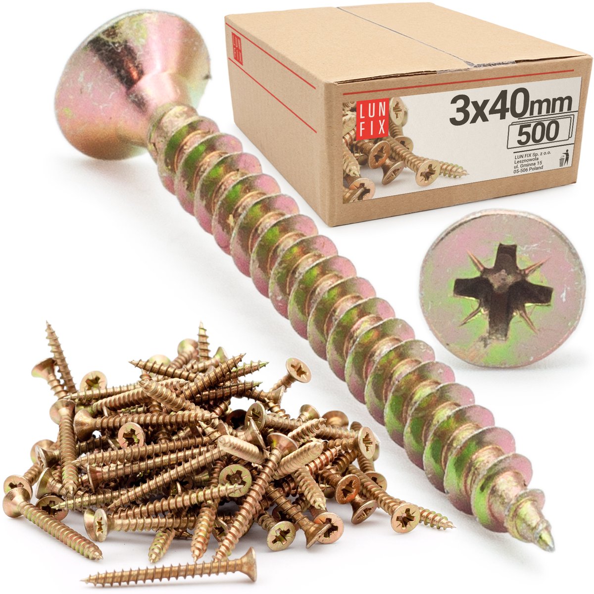 LUN FIX - Universeelschroef 3x40 mm - 500 stuks - Kruiskop PZ1 - Verzonken kop - Houtschroeven