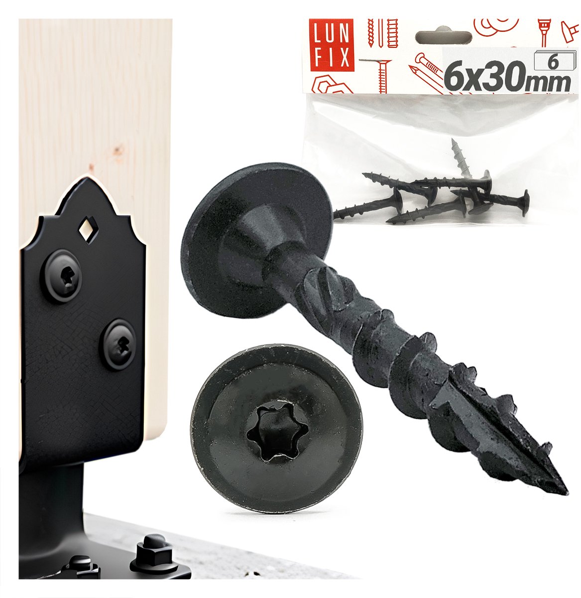LUN FIX - Houtschroeven 6x30 mm - 6 stuks - verzinkt - schotelkop, torx schroeven voor akoestische panelen