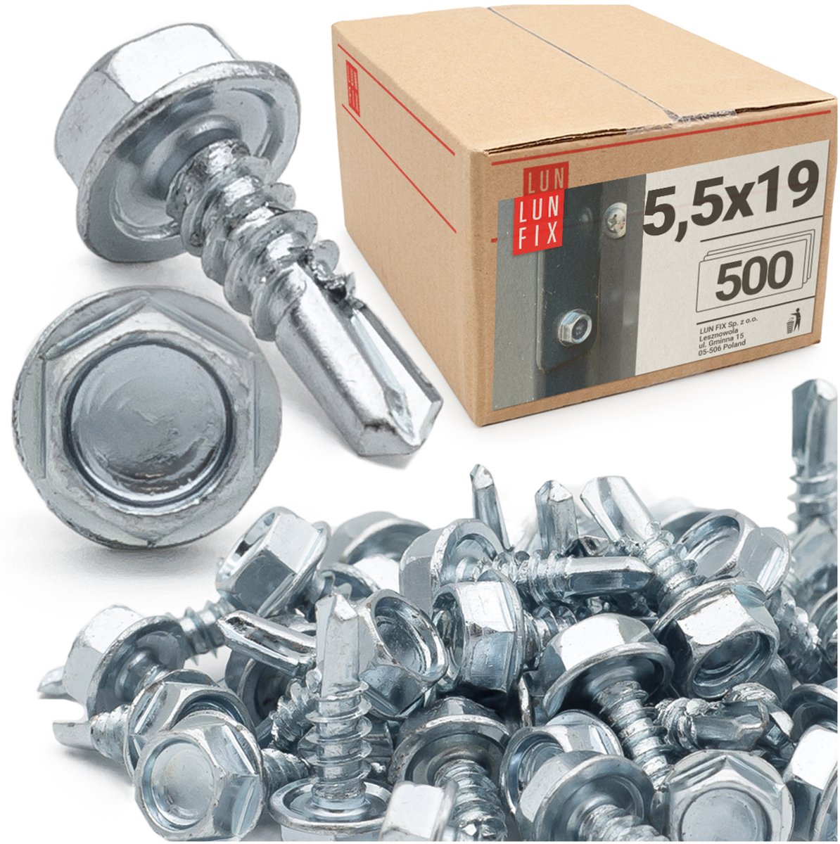LUN FIX - Boorschroeven 5,5x19 mm - 500 stuks - Zeskantkop DIN 7504K - Verzinkt staal met boorpunt voor trapeziumplaten en metalen platen