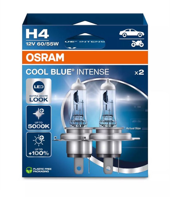 OSRAM Cool Blue Intense Next Gen H4 halogeen autolampen – witter licht en tot 100% meer zicht - Duitse kwaliteit - set met 2 lampen - 64193CBN-2HB