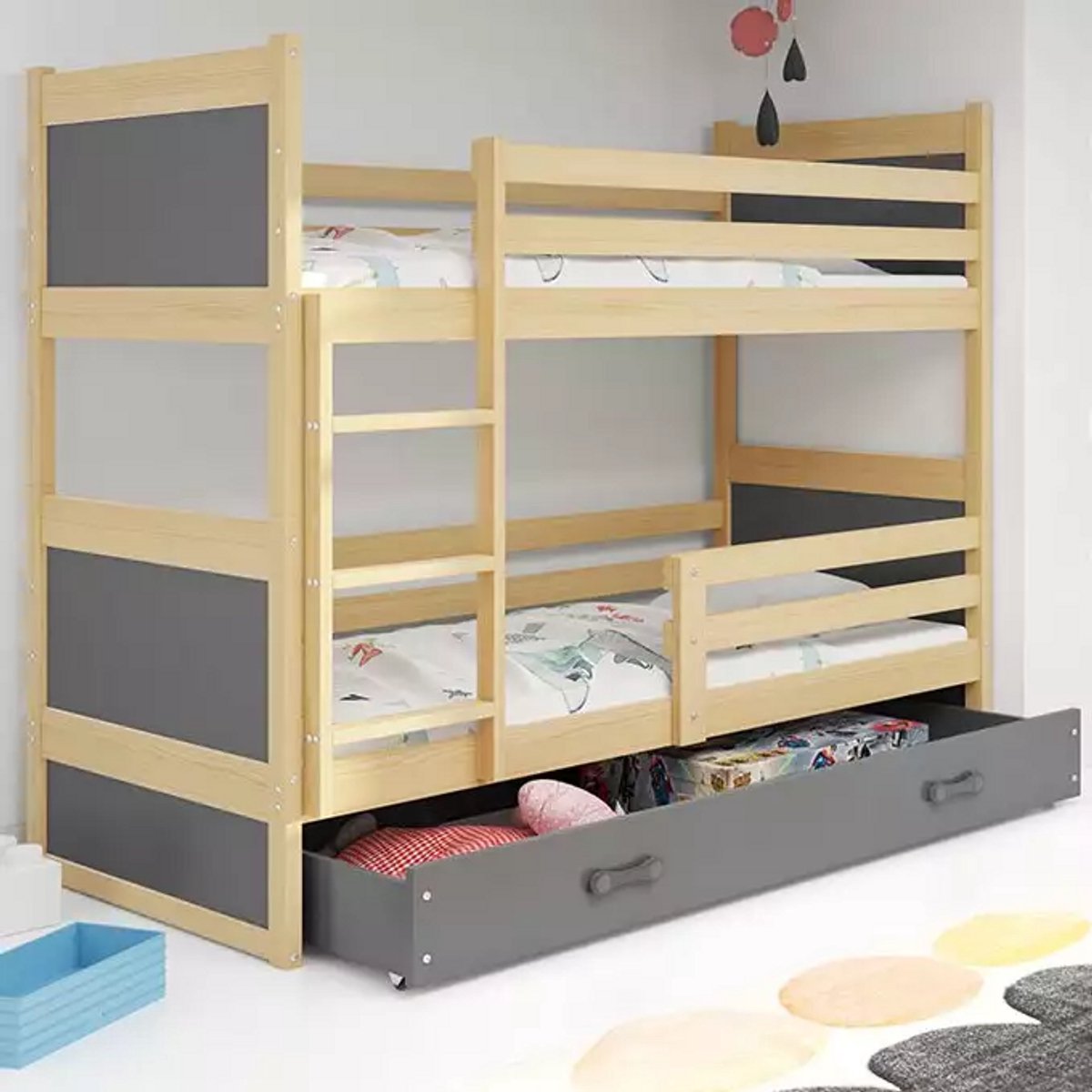 BMS - Bunk Bed - 90x190 - Pine/Graphite - Inclusief Matrassen en Lade